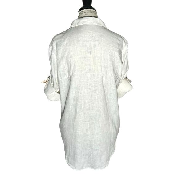 Zara | Women | 100% Linen White Roll Tab V-Neck Button Up Top | Size XS - Picture 3 of 10